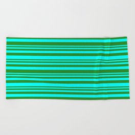 [ Thumbnail: Forest Green & Cyan Colored Striped Pattern Beach Towel ]