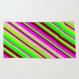 [ Thumbnail: Vibrant Fuchsia, Light Pink, Green, Lime, and Maroon Colored Pattern of Stripes Beach Towel ]