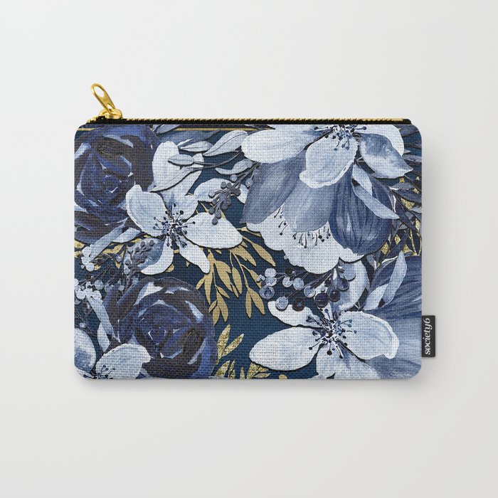 Navy Blue & Gold Watercolor Floral Carry-All Pouch