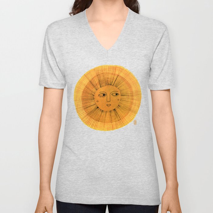 Sun Drawing Gold and Blue V Neck T Shirt