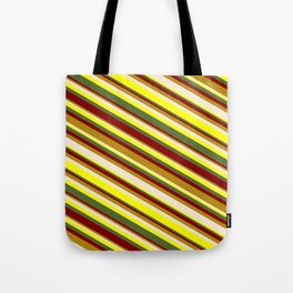 [ Thumbnail: Eyecatching Maroon, Dark Goldenrod, Beige, Yellow & Dark Olive Green Colored Striped Pattern Tote Bag ]