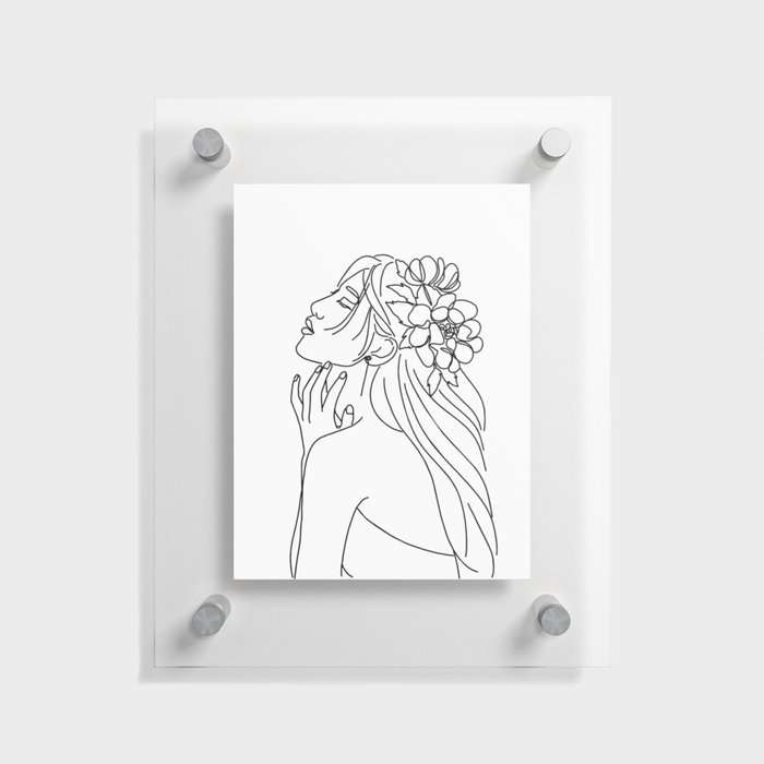 Asian Woman With Flowers Black & White Line Artwork Floating Acrylic Print