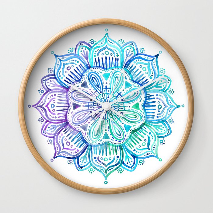 Iridescent Aqua and Purple Watercolor Mandala Wall Clock