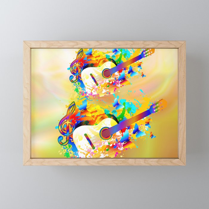 Music instruments colorful painting, guitar, treble clef, butterfly Framed Mini Art Print