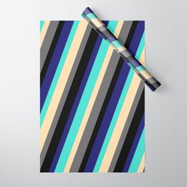 [ Thumbnail: Eye-catching Turquoise, Tan, Dim Grey, Black, and Midnight Blue Colored Lines/Stripes Pattern Wrapping Paper ]