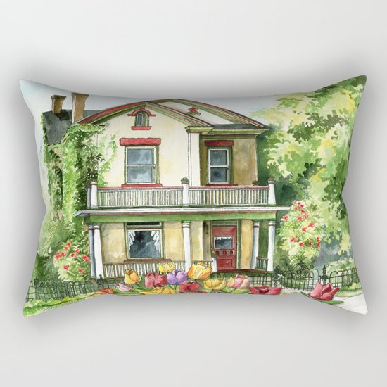 Farmhouse with Spring Tulips Rectangular Pillow