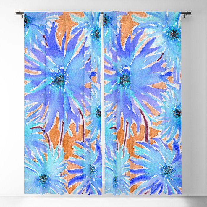 Blue Abstract Floral Mix - Watercolor & Color Enhanced Digital Art Blackout Curtain