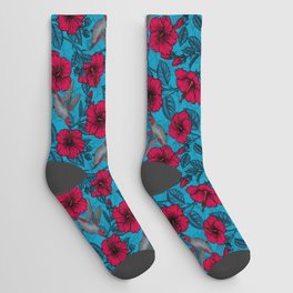Red hibiscus and hummingbirds, tropical garden on light blue Socks