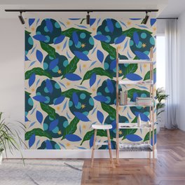 Abstract Modern Blue Green Leaves Botanical Pattern Wall Mural