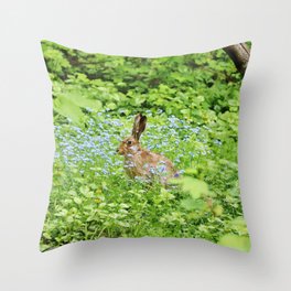 Bunny with blue flowers Throw Pillow