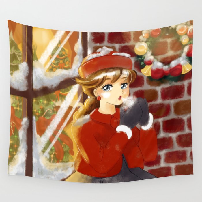 Retro Anime Snowy Christmas Shop Window Girl Wall Tapestry
