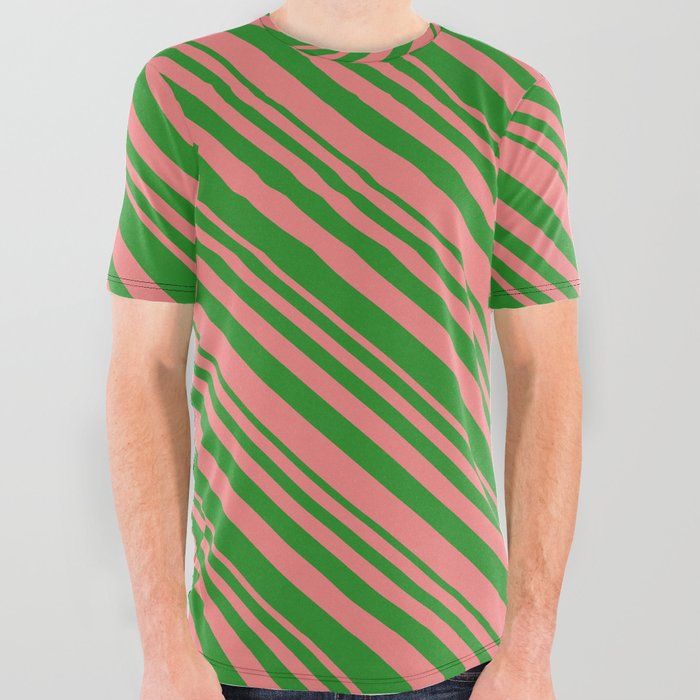 Forest Green & Light Coral Colored Pattern of Stripes All Over Graphic Tee