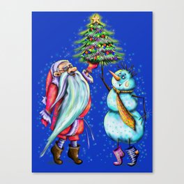 Santa Claus and Snowman are decorating the Christmas tree Canvas Print