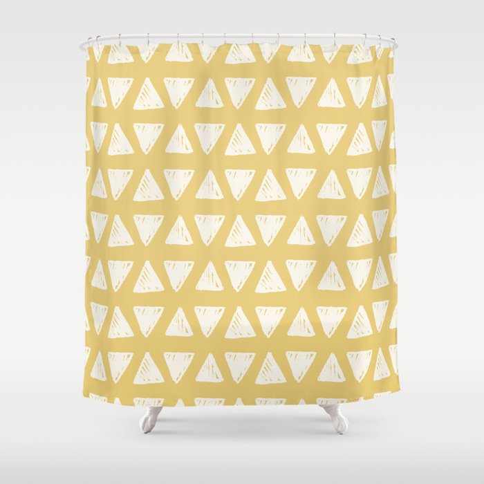 Mustard Yellow White Hand Painted Geometrical Triangles Shower Curtain