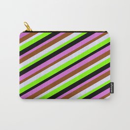 [ Thumbnail: Colorful Orchid, Brown, Lavender, Chartreuse & Black Colored Stripes Pattern Carry-All Pouch ]