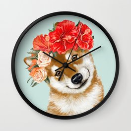 Shiba Inu with Hawaiian Flower Crown Wall Clock