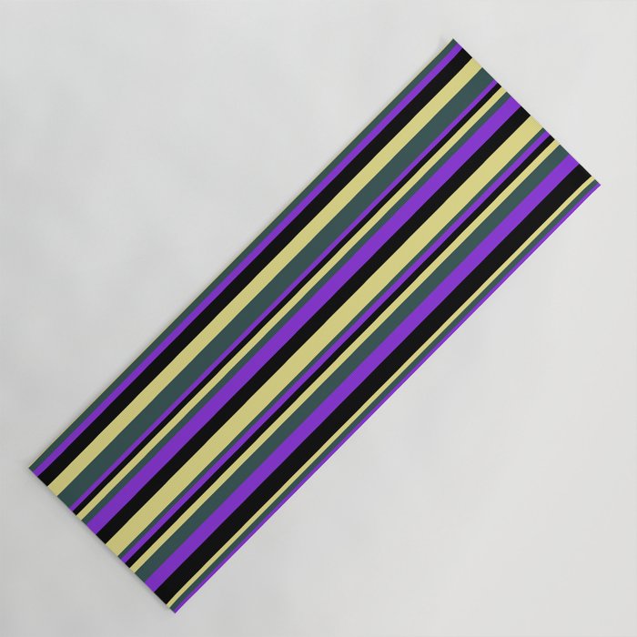 Tan, Dark Slate Gray, Purple, and Black Colored Stripes/Lines Pattern Yoga Mat
