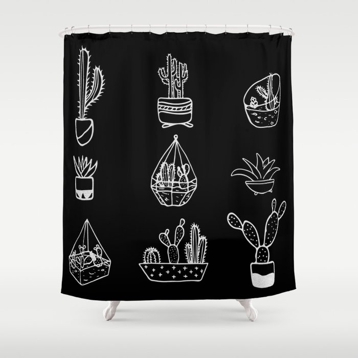 Minimalist Cacti Collection White on Black Shower Curtain