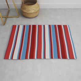 [ Thumbnail: Blue, Light Gray, Red, and Maroon Colored Pattern of Stripes Rug ]