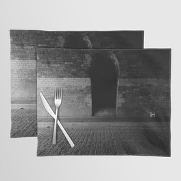 Poodle loose under a stone bridge in Paris | Minimalist black and white urban photography Placemat