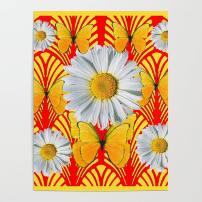 WHITE DAISIES YELLOW BUTTERFLY RED ART DECO ART Poster