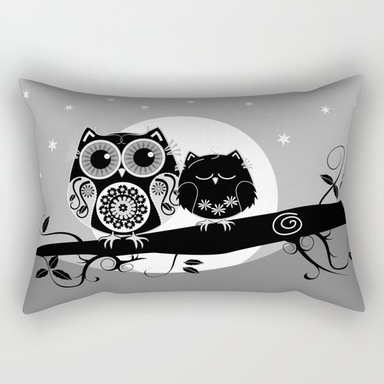 B&W Flower power Owl and her Sleepy Baby Rectangular Pillow