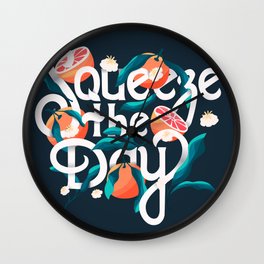 Squeeze the day lettering illustration with oranges on dark blue background VECTOR Wall Clock