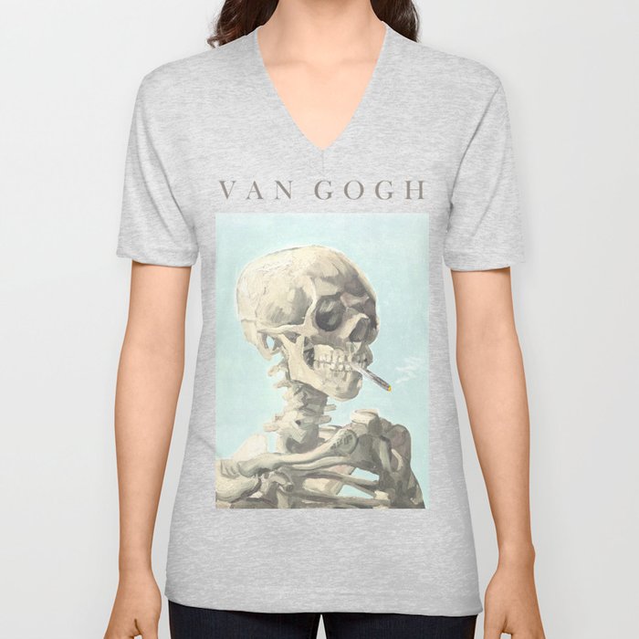 Vincent Van Gogh - Skull of a skeleton with burning cigarette (version with text & blue background) V Neck T Shirt