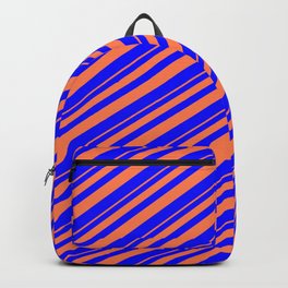 [ Thumbnail: Coral & Blue Colored Striped Pattern Backpack ]