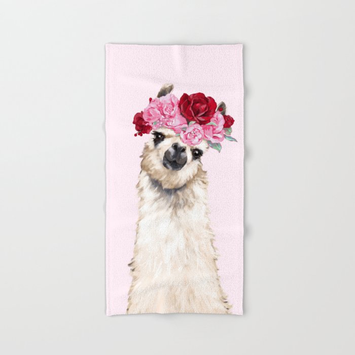 Llama with Pink Roses Flower Crown Hand Bath Towel by Big Nose Work Society6