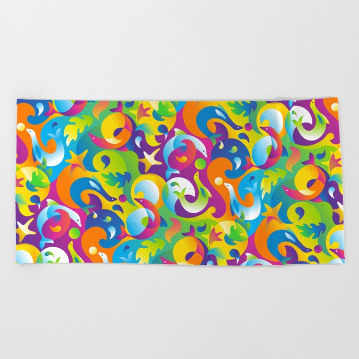 Dolphins, Seals and Sea Life in Tropical Ocean Waves Beach Towel