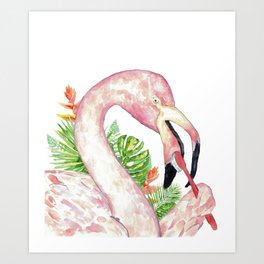 Flamingo brushing teeth bath watercolor  Art Print