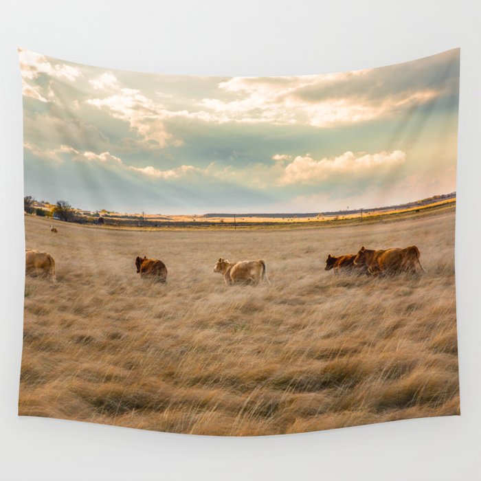 Cows Among the Grass - Cattle Wade Through a Field in Texas Wall Tapestry