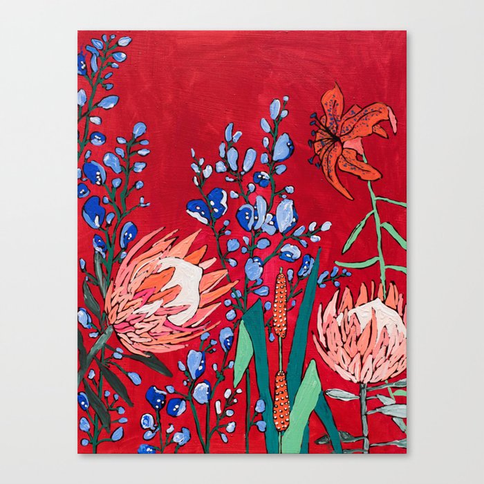 Red and Blue Floral with Peach Proteas Canvas Print