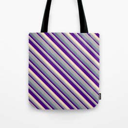 [ Thumbnail: Dark Gray, Slate Gray, Indigo, and Bisque Colored Stripes Pattern Tote Bag ]