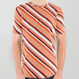 [ Thumbnail: Light Salmon, Maroon, White, and Red Colored Lined Pattern All Over Graphic Tee ]