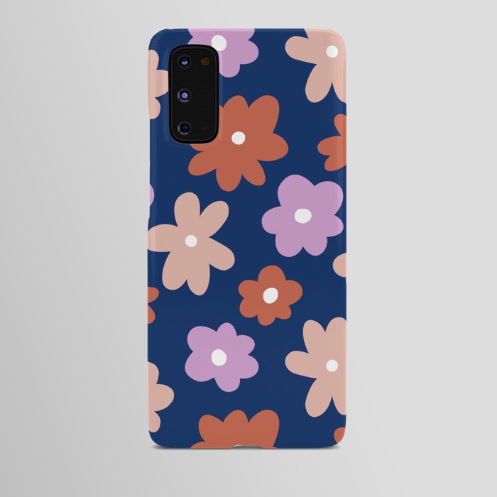Retro Flowers Lilac, Burnt Orange, Light Pink with Dark Blue Background Android Case