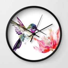 Little Hummingbird and Pink Flower, Bird art, minimalist bird painting, soft pink olive green design Wall Clock