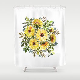 A beautiful watercolor bouquet, lovely yellow flowers, tender daisies, small leaves and grass. Painted with love. Shower Curtain