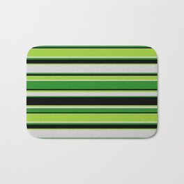 [ Thumbnail: Green, Light Gray, Forest Green, and Black Colored Stripes Pattern Bath Mat ]