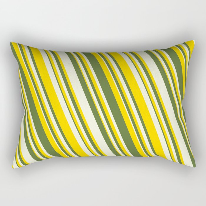 Yellow, Dark Olive Green & Beige Colored Striped Pattern Rectangular Pillow