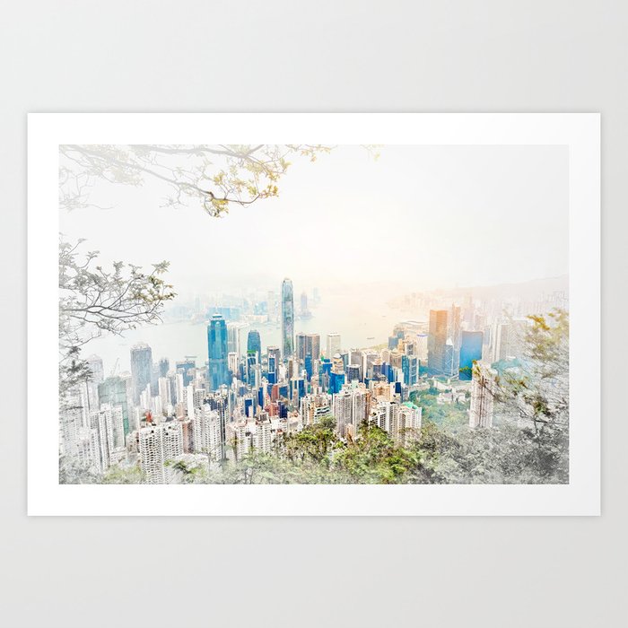 modern city skyline aerial view under sunrise and blue sky in Hong Kong, China Art Print