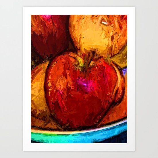 Red Apple and Gold Apples in a Blue Bowl Art Print