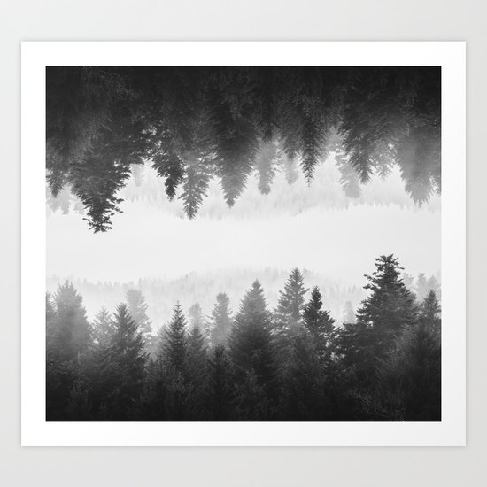 Black and white foggy mirrored forest Art Print