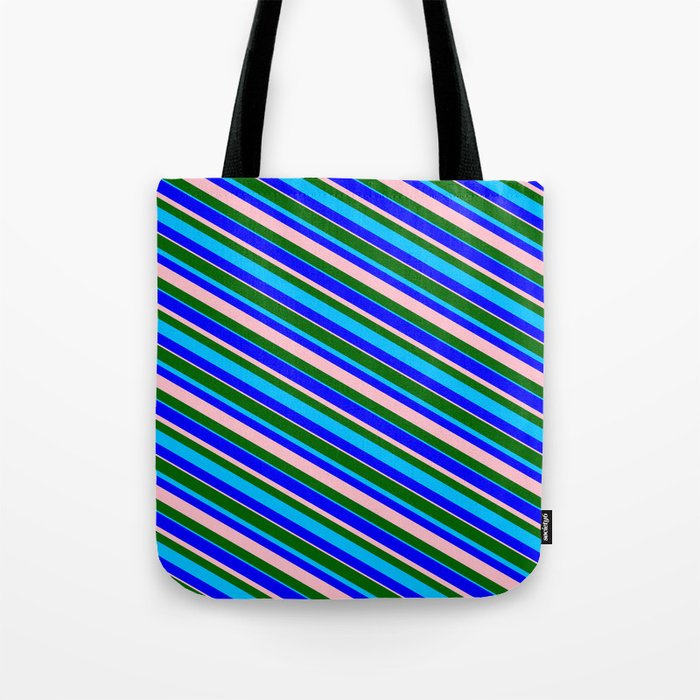 Dark Green, Deep Sky Blue, Blue & Pink Colored Stripes/Lines Pattern Tote Bag