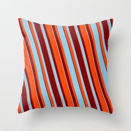 [ Thumbnail: Sky Blue, Red, and Maroon Colored Pattern of Stripes Throw Pillow ]