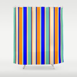 [ Thumbnail: Dark Orange, Bisque, Aquamarine, and Blue Colored Lined/Striped Pattern Shower Curtain ]