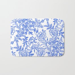 Tea Time Reversed Bath Mat | Nature, Painting, Mixed Media, Floral, White, Blue, Garden, Flowers, Pattern, English Garden 
