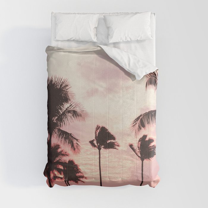 Tropical Palm Tree Pink Sunset Comforter