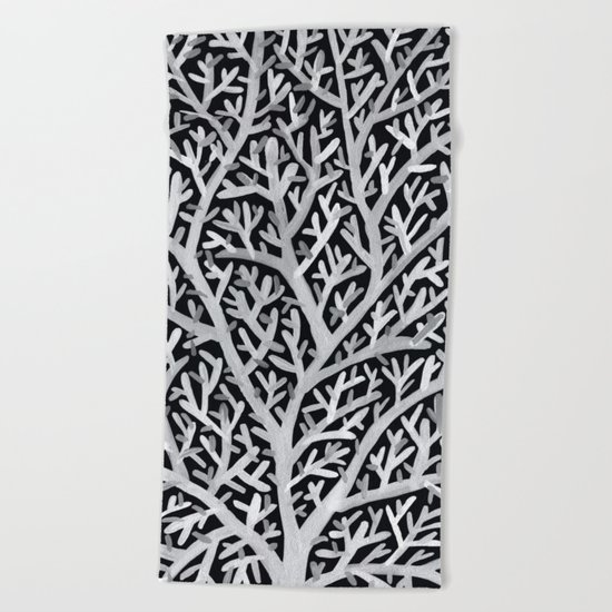 Fan Coral – White Ink on Black Beach Towel